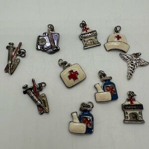 10 vintage silvertone enamel medical style charms